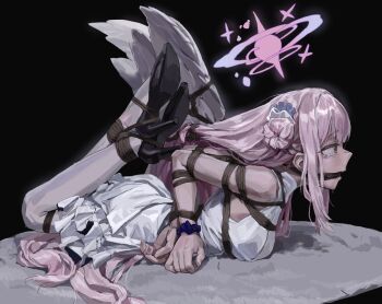 1girl a_tea arms_behind_back bare_shoulders blue_archive breast_bondage breasts brown_eyes character_request crying crying_with_eyes_open dress gag gagged hair_bun halo high_heels highres hogtie long_hair lying medium_breasts on_stomach pantyhose ribbon rope_gag shibari shibari_over_clothes skindentation solo tears very_long_hair white_dress white_pantyhose white_ribbon wings