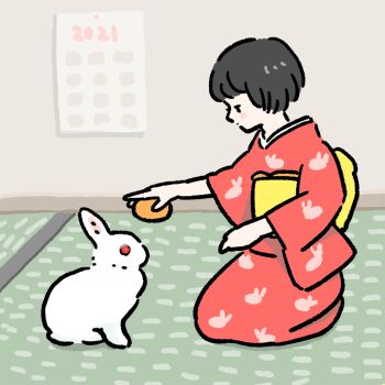 1girl 2021 animal animal_on_lap animal_print animated animated_gif black_hair blinking blush_stickers calendar_(object) closed_mouth commentary english_commentary food from_side fruit full_body hands_on_lap hands_up holding holding_food holding_fruit indoors japanese_clothes kagami_mochi kimono long_sleeves looking_away mandarin_orange mochi new_year obi on_floor on_lap original outstretched_arm print_kimono profile rabbit rabbit_print red_kimono room sash schinako seiza short_hair sitting smile solo surreal tatami v_arms wall wide_sleeves