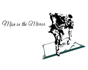 Rule 34 | 1boy, beaked helmet, belt, character name, commentary, cursive, goggles, gyro (gyro-zeppeli), hand on own hip, highres, jacket, jojo no kimyou na bouken, knee armor, man in the mirror (stand), mirror, no humans, portal (object), simple background, skirt, solo, spot color, stand (jojo), vento aureo, white background