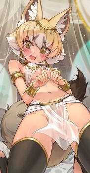 1girl :d absurdres animal_ear_fluff animal_ears armlet bare_shoulders bed bed_sheet black_thighhighs blonde_hair blush breasts canopy_bed commentary covered_erect_nipples earrings extra_ears fox_ears fox_girl fox_tail gluteal_fold gold_armlet gold_bracer hair_between_eyes highres jewelry kemono_friends kit_fox_(kemono_friends) kneeling leaning_back looking_at_viewer medium_breasts melaton multicolored_hair navel no_panties open_mouth pelvic_curtain see-through_clothes see-through_pelvic_curtain short_hair smile solo stirrup_legwear stomach tail thighhighs toeless_legwear white_hair yellow_eyes