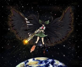 1girl black_hair bow dark female_focus full_body hair_ribbon long_hair ofuro_mantarou red_eyes reiuji_utsuho ribbon solo space touhou very_long_hair wings
