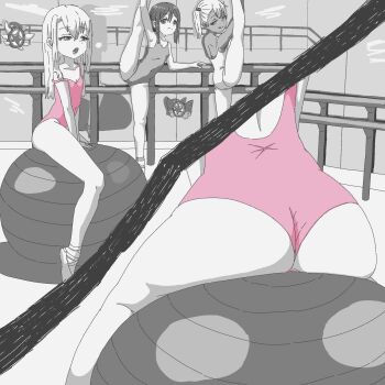 3girls animated ass ass_focus ball ballerina ballet chloe_von_einzbern exercise_ball fate/kaleid_liner_prisma_illya fate_(series) illyasviel_von_einzbern jordan_reine leotard loli miyu_edelfelt multiple_girls pantyhose prisma_illya sitting standing standing_on_one_leg tagme video