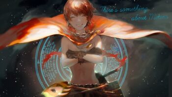 Rule 34 | 1other, cape, closed eyes, commentary request, floating cape, grin, magic circle, mole, mole under eye, mtz, navel, orange cape, orange hair, original, short hair, sky, smile, star (sky), starry sky, upper body