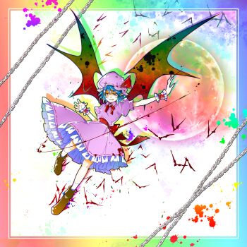 Rule 34 | 1girl, absurdres, back bow, bat (animal), bat wings, blue hair, boots, border, bow, bowtie, brown boots, chain, commentary, frilled skirt, frills, full body, full moon, hat, hat ribbon, highres, looking at viewer, medium hair, mob cap, moon, pink hat, pink shirt, pink skirt, puffy short sleeves, puffy sleeves, red bow, red bowtie, red eyes, red moon, remilia scarlet, ribbon, ribbon-trimmed skirt, ribbon trim, shirt, short sleeves, skirt, skirt set, smile, socks, solo, touhou, white socks, wings, wrist cuffs, yuya (euky8335)