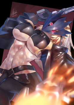 Rule 34 | 1girl, abs, beelstarmon, black coat, black vest, blonde hair, breasts, coat, commentary request, cowboy shot, cropped vest, digimon, digimon (creature), dual wielding, highres, holding, large breasts, long hair, open clothes, open coat, red eyes, slit pupils, strail cycleman, third eye, underboob, vest