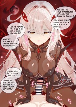 1boy 1girl abs absurdres bar_censor black_dress breasts censored commission cowgirl_position dress english_text genshin_impact highres kemonya777 large_breasts open_mouth pantyhose penis pixiv_commission ronova_(genshin_impact) speech_bubble straddling torn_clothes torn_pantyhose white_hair yellow_eyes