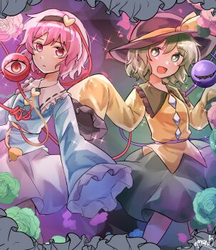 Rule 34 | 2girls, :|, belt, black hairband, black hat, blue shirt, border, bow, buttons, chirooo92084, closed mouth, collar, commentary request, diamond button, double-parted bangs, expressionless, falling petals, feet out of frame, floating clothes, flower, frilled shirt, frills, garden, green background, green collar, green eyes, green hair, grey border, hair ornament, hairband, hat, hat bow, hat ribbon, heart, heart button, heart hair ornament, highres, komeiji koishi, komeiji satori, long sleeves, looking at viewer, messy hair, multiple girls, open mouth, petals, pink hair, pink skirt, purple background, purple belt, purple skirt, red eyes, ribbon, rose, rose petals, shirt, short hair, sidelighting, signature, skirt, sleeves past fingers, sleeves past wrists, smile, sparkle, third eye, touhou, white collar, wide sleeves, yellow belt, yellow bow, yellow ribbon, yellow shirt