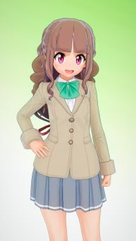 1girl 3d artist_request blue_skirt bow bowtie brown_hair digimon digimon_ghost_game gradient_background hair_ornament hand_on_own_hip highres jacket long_hair long_sleeves looking_at_viewer open_mouth pink_eyes pleated_skirt school school_uniform simple_background skirt smile solo standing tsukiyono_ruli very_long_hair