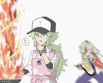 2boys ? apron arven_(pokemon) commentary_request fire fire_extinguisher frying_pan green_hair hand_on_own_chin male_focus motion_blur multiple_boys n_(pokemon) nintendo pink_apron pokemon pokemon_bw pokemon_masters_ex pokemon_sv sachi_(wrrs5274) school_uniform simple_background uva_academy_school_uniform white_background