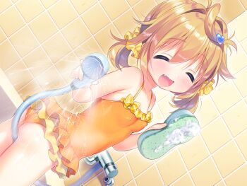 1girl :d ass bathroom blonde_hair blush breasts chishima_mako closed_eyes collarbone covered_erect_nipples cowboy_shot dutch_angle facing_viewer fang game_cg holding holding_shower_head holding_sponge indoors loli medium_hair non-web_source one-piece_swimsuit open_mouth orange_one-piece_swimsuit piyodera_mucha shower_head small_breasts smile solo soushisouai_lolita_no_seikatsu sponge swimsuit tile_wall tiles variant_set water