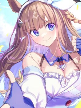 1girl absurdres almond_eye_(umamusume) ameria_(artist) animal_ears blue_eyes breasts brown_hair cleavage colored_inner_hair commentary_request fingerless_gloves gloves hair_ornament hairband highres horse_ears horse_girl long_hair looking_at_viewer multicolored_hair purple_gloves purple_hair solo symbol-shaped_pupils twitter_username umamusume upper_body white_hairband x-shaped_pupils