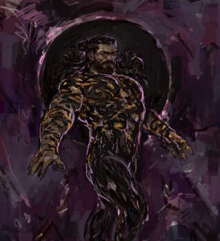 1boy bara beard bodysuit commentary dark-skinned_male dark_skin english_commentary facial_hair feet_out_of_frame full_beard gold_skin highres large_pectorals long_hair looking_at_viewer male_focus mature_male muscular muscular_male mustache nordek old old_man original outstretched_arms painterly pectorals solo spread_arms standing thick_beard torn_bodysuit torn_clothes