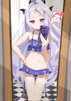 1girl absurdres ahoge alternate_costume blue_archive blush closed_mouth demon_horns doodle_sensei_(blue_archive) hand_on_own_hip highres hina_(blue_archive) holding holding_phone horns loli long_hair looking_at_phone mirror mirror_selfie navel notification phone purple_eyes selfie sensei_(blue_archive) smile swimsuit teritama_(teritama_house) very_long_hair white_hair
