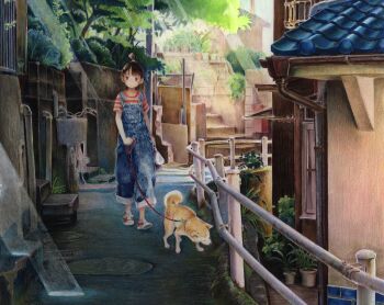 1girl absurdres bag bicycle bicycle_basket blue_overalls brown_hair building colored_pencil_(medium) denim dog drawstring drawstring_bag highres leash light_rays manhole nekojarashi_(yuuga) original overalls pet_walking plant potted_plant red_shoes scenery shiba_inu shirt shoes short_sleeves solo stairs striped_clothes striped_shirt topknot traditional_media walking