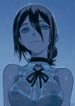 1girl absurdres black_choker black_hair blush breasts chainsaw_man choker commentary english_commentary hair_between_eyes highres light_smile looking_at_viewer medium_breasts medium_hair nipples optionaltypo rain reze_(chainsaw_man) see-through_clothes see-through_shirt shirt short_hair signature sleeveless sleeveless_shirt solo wet wet_clothes wet_shirt white_shirt
