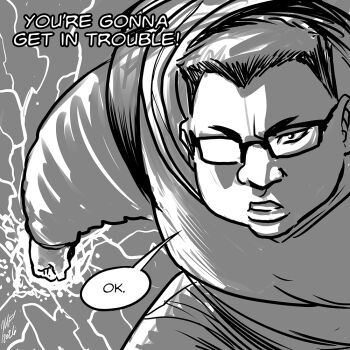 Rule 34 | 1boy, aura, backpack, bag, clenched hand, english text, fat, fat man, flattop, glasses, greyscale, male focus, matt frank, monochrome, original, signature, solo, speech bubble