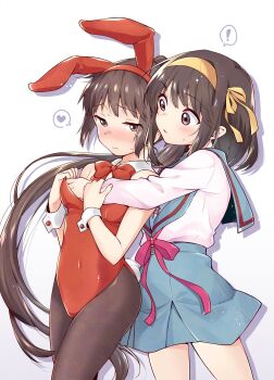 ! 2girls animal_ears blue_sailor_collar blue_skirt blush bob_cut bow bowtie brown_eyes brown_hair closed_mouth commentary_request curious detached_collar eyes_visible_through_hair fake_animal_ears fake_tail genderswap genderswap_(mtf) groping hair_ribbon hairband heart highres holding_another&#039;s_arm hug hug_from_behind kita_high_school_uniform kyonko leotard long_hair long_sleeves looking_at_breasts looking_at_viewer multiple_girls open_mouth pantyhose playboy_bunny ponytail rabbit_ears rabbit_tail red_bow red_hairband red_leotard red_neckwear red_ribbon ribbon sad sailor_collar school_uniform serafuku short_hair skirt sleeveless speech_bubble suzumiya_haruhi suzumiya_haruhi_no_yuuutsu sweat taiki_(6240taiki) tail thighhighs very_long_hair white_background wrist_cuffs yellow_hairband yellow_ribbon yuri