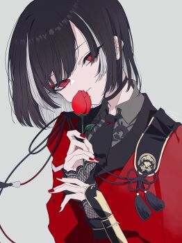 1boy absurdres armor black_hair black_necktie choker commentary_request eyelashes eyeliner fishnet_gloves fishnets flower gloves grey_background head_tilt highres holding holding_flower japanese_armor kote kyogoku_masamune looking_at_viewer makeup male_focus multicolored_hair nail_polish necktie red_eyeliner red_eyes red_flower red_nails red_rose rose seira_jablko short_hair simple_background solo streaked_hair tassel touken_ranbu trap upper_body