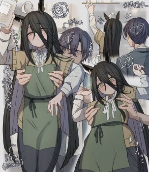 Rule 34 | !?, 1boy, 1girl, :<, absurdres, ahoge, apron, arm up, arms up, arrow (symbol), bare shoulders, barista, black hair, black pants, blush, collared shirt, ear tag, earrings, flying sweatdrops, green apron, grey hair, grey jacket, half-closed eyes, height, height difference, highres, holding, holding jar, husband and wife, jacket, jar, jewelry, layered sleeves, leogust, lifting person, long hair, long sleeves, looking at another, manhattan cafe (umamusume), multicolored hair, neck ribbon, no eyes, notice lines, pants, reaching, ribbon, ring, shelf, shirt, short-sleeved sweater, short hair, short over long sleeves, short sleeves, single earring, spoken interrobang, squiggle, sweater, torso grab, trainer (umamusume), umamusume, variant set, very long hair, white hair, white ribbon, white shirt, yellow eyes, yellow sweater
