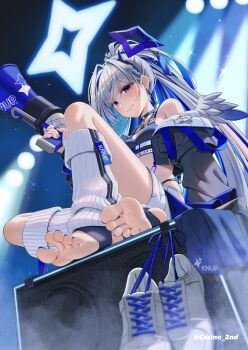 1girl amane_kanata amane_kanata_(lock_on) black_jacket blue_eyes blush casino_(casinoep) colored_inner_hair commentary_request crop_top earrings feathered_wings feet foot_focus foreshortening from_below full_body grey_hair halo highres holding holding_megaphone hololive jacket jewelry knee_up leg_warmers long_hair megaphone multicolored_hair official_alternate_costume open_clothes open_jacket ponytail presenting_foot shoes sitting soles solo stirrup_legwear toeless_legwear toes unworn_shoes very_long_hair wings