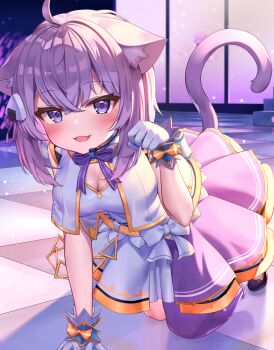 1girl ahoge alternate_costume animal_ear_fluff animal_ears arm_support breasts cat_ears cat_girl cat_tail cleavage deaver fang food-themed_hair_ornament gloves hair_ornament highres hololive kneeling looking_at_viewer medium_breasts nekomata_okayu onigiri_hair_ornament open_mouth paw_pose purple_eyes purple_hair purple_skirt short_hair skirt smile solo tail virtual_youtuber white_gloves