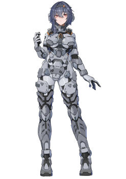 1girl absurdres bodysuit bracelet breasts full_body gloves grey_bodysuit grey_hair hair_ornament highres jewelry knee_pads large_breasts looking_at_viewer medium_hair original power_suit purple_eyes ringobatake science_fiction shoes skin_tight solo standing strap white_background