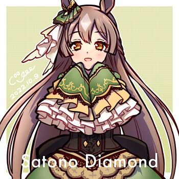 1girl animal_ears braid brown_eyes brown_hair character_name commentary_request coogee eyelashes hair_ornament highres horse_ears horse_girl long_hair long_sleeves looking_at_viewer open_mouth satono_diamond_(natural_brilliance)_(umamusume) satono_diamond_(umamusume) signature sleeves_past_fingers sleeves_past_wrists solo umamusume very_long_hair