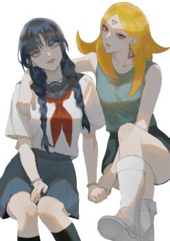2girls aqua_tank_top arm_around_neck black_hair black_socks blonde_hair blue_skirt boots boruto:_two_blue_vortex bracelet braid breasts crossed_legs delta_(boruto) earrings facial_mark forehead_mark grey_eyes highres ifevilwhyuhot jewelry kakei_sumire kneehighs low_twin_braids medium_breasts miniskirt multiple_girls naruto_(series) pink_eyes school_uniform serafuku sitting skirt socks tank_top triangle_earrings twin_braids white_boots yellow_lips
