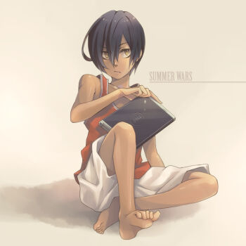 Rule 34 | 00s, 1boy, barefoot, brand name imitation, brown eyes, brown hair, computer, dark skin, dark-skinned male, dell, feet, himekawa donki, ikezawa kazuma, laptop, male focus, short hair, shorts, solo, summer wars, tan, tank top