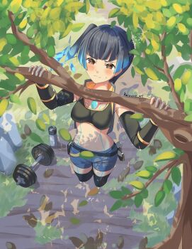 1girl blue_hair blue_shorts blunt_ends blush body_markings bottle branch breasts brown_eyes commentary_request crop_top dumbbell fiery_hair flying_sweatdrops highres medium_breasts navel outdoors pullups revvie sena_(xenoblade) shorts side_ponytail solo sweat tree water_bottle wavy_mouth xenoblade_chronicles_(series) xenoblade_chronicles_3