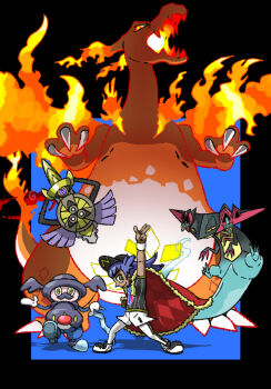 Rule 34 | 1boy, aegislash, arm up, baseball cap, black hat, black shirt, bright pupils, cane, cape, champion uniform, charizard, charizard pose, claws, closed mouth, colored lineart, commentary request, daisuke umiushi, dragapult, dragon, dreepy, dsm, dynamax, facial hair, fiery wings, fire, flame-tipped tail, floating, fur-trimmed cape, fur trim, gen 1 pokemon, gen 6 pokemon, gen 8 pokemon, gigantamax, gigantamax charizard, glowing mouth, hat, holding, holding cane, holding shield, legs apart, leon (pokemon), long hair, male focus, mr. rime, mustache, nintendo, one-eyed, open mouth, orange eyes, pointy nose, pokemon, pokemon (creature), pokemon swsh, pokemon team, purple hair, red cape, red clouds, shield, shirt, shoes, short sleeves, shorts, standing, standing on one leg, tail, toon (style), white pupils, white shoes, white shorts, wings, wristband, yellow eyes, yellow pupils