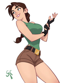 1girl artist_name black_eyes black_gloves braid breasts brown_hair commentary cowboy_shot english_commentary fingerless_gloves galmesh_rosewood gloves highres lara_croft large_breasts long_hair looking_back making-of_available parted_lips shorts simple_background single_braid smile solo tomb_raider white_background