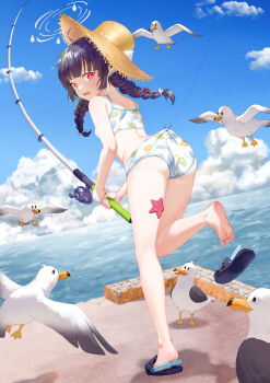 1girl aesice animal ass bare_legs bare_shoulders barefoot beach bikini bikini_bottom_pull bird black_hair blue_archive blue_sky blush braid breasts cloud crocs day fishing fishing_line fishing_rod from_behind full_body grey_halo hair_ornament hair_ribbon halo hat highres holding holding_fishing_rod leaf leaf_on_head leaf_print looking_at_viewer looking_back miyu_(blue_archive) miyu_(swimsuit)_(blue_archive) ocean official_alternate_costume open_mouth print_bikini ribbon seagull self_wedgie sky small_breasts soles solo standing starfish straw_hat sun_hat swimsuit twin_braids twintails water wedgie white_bikini white_halo