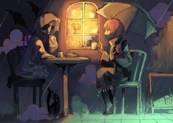 1boy 1girl absurdres animal awoito_(tsurubami_jiguro) black_cat black_hair boots cafe cat chair commentary_request cookie cup drinking_glass food glasses head_rest high_heels highres holding holding_cup holding_umbrella hood hood_up indoors long_sleeves looking_at_another male_focus night original pink_hair profile rain red_hair restaurant short_hair sitting smile steam table teacup umbrella wide_sleeves window