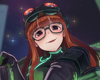 10s 1girl blush breasts brown_hair commission female_focus glasses goggles goggles_on_head kamille_(vcx68) long_hair looking_at_viewer medium_breasts oracle_(persona_5) parted_lips persona persona_5 purple_eyes sakura_futaba smile solo upper_body