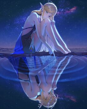 1girl bare_shoulders barefoot black_dress blonde_hair blue_eyes breasts cartethyia_(wuthering_waves) chco closed_mouth commentary crown_of_thorns different_reflection dress earrings english_commentary fleurdelys_(wuthering_waves) floating_earrings from_side highres horns jewelry knees_up large_breasts long_hair looking_at_reflection medium_breasts night night_sky outdoors pointy_ears reflection revision ripples sidelocks single_horn sitting sky smile solo tacet_mark_(wuthering_waves) thighs toes very_long_hair wuthering_waves yellow_horns
