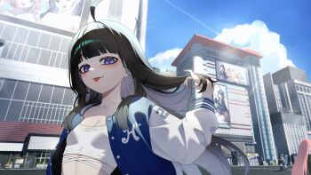 1girl absurdres ahoge baegsaeg_waesyong billboard black_hair blue_jacket blue_sky breasts building cleavage closed_mouth cloud colored_inner_hair commentary_request crop_top cropped_shirt day hand_up highres indie_virtual_youtuber jacket korean_commentary letterman_jacket long_hair long_sleeves looking_at_viewer mang_nae_(vtuber) multicolored_hair multicolored_jacket outdoors people purple_eyes shirt sky small_breasts solo tongue tongue_out two-tone_jacket urban virtual_youtuber white_shirt white_sleeves