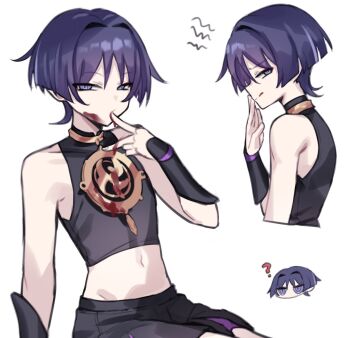 Rule 34 | 1boy, :d, arm at side, armor, black shirt, black shorts, blood, blood on clothes, blood on face, blood on hands, blunt ends, choppy bangs, covered collarbone, covering own mouth, cropped shirt, cropped torso, disembodied head, eyeliner, finger in own mouth, genshin impact, gold, hair intakes, hand over own mouth, hand up, japanese armor, jewelry, kote, kurokote, looking at viewer, makeup, male focus, mandarin collar, mitsudomoe (shape), moo (moo 8986), multiple views, navel, neck ring, open mouth, purple hair, red eyeliner, ringed eyes, scaramouche (genshin impact), shirt, shorts, sitting, sleeveless, sleeveless shirt, smile, solo, tomoe (symbol), tongue, tongue out, tsurime, white background