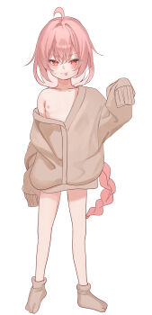 1girl ahoge blush braid brown_cardigan brown_socks cardigan collarbone flat_chest kaino_ko_(mmcg5735) loli long_hair long_sleeves looking_at_viewer nipples one_breast_out original oversized_clothes pink_hair red_eyes single_braid sleeves_past_wrists smile socks standing teeth white_background