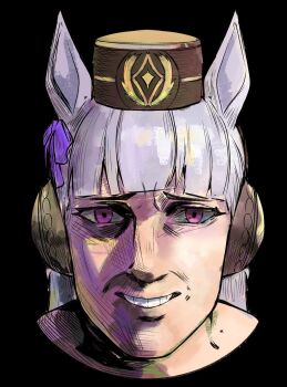 1girl agni_face_(meme) animal_ears black_background bow brown_hat commentary cropped_shoulders ear_bow ear_covers gabu_gabugabuga gold_ship_(umamusume) grey_hair hat highres horse_ears looking_at_viewer man_face meme mini_hat parody_request portrait purple_bow purple_eyes simple_background solo umamusume