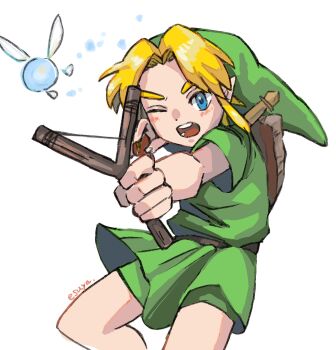 Rule 34 | 1boy, 1girl, aiming, aiming at viewer, blonde hair, blue eyes, esuyaaa12, fairy, green tunic, highres, link, navi, nintendo, pointy ears, slingshot (weapon), the legend of zelda, the legend of zelda: ocarina of time, tunic