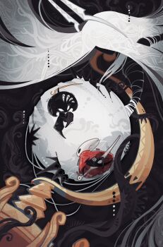 3girls absurdly_long_hair arthropod_girl black_eyes black_skin boss_fight cloak colored_skin faceless flower full_body giant giantess grand_mother_silk_(hollow_knight) highres holding holding_needle holding_weapon hollow_eyes hollow_knight hollow_knight:_silksong horned_mask hornet_(hollow_knight) horns lace_(hollow_knight) long_hair looking_at_another mask multiple_girls needle needle_(hollow_knight) no_humans no_mouth pin_(hollow_knight) r0si3 red_cloak spoilers standing tentacles thread very_long_hair weapon white_flower white_hair white_mask