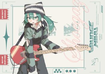 1girl absurdres alternate_costume aqua_eyes aqua_hair beanie black_pants collared_shirt earflap_beanie electric_guitar feet_out_of_frame guitar hat hatsune_miku highres holding holding_guitar holding_instrument instrument legs_apart long_hair long_sleeves looking_at_viewer nanoni! open_mouth outside_border pants shirt solo standing striped_clothes striped_hat striped_sweater sweater torn_clothes torn_sweater twintails vocaloid