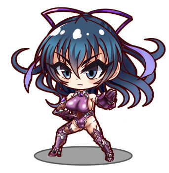 1girl blue_hair breasts chibi curvy elbow_gloves fighting_stance gloves hair_ribbon high_ponytail highleg highleg_leotard highres igawa_asagi impossible_clothes impossible_leotard large_breasts leotard long_hair looking_at_viewer ponytail ribbon shiny_clothes shiny_skin standing taimanin_(series) taimanin_asagi taimanin_rpgx taimanin_suit thong_leotard ttakuhana3103 white_background wide_hips