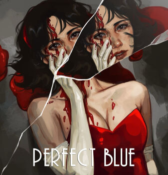 Rule 34 | 1girl, bare shoulders, black eyes, black hair, blood, blood on face, breasts, broken mirror, cleavage, commentary, copyright name, dress, elbow gloves, english commentary, gloves, highres, kirigoe mima, lipstick, looking at viewer, makeup, medium breasts, mirror, perfect blue, solo, upper body, white gloves, zara h