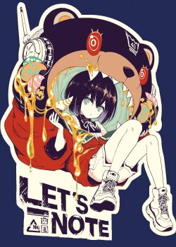 Rule 34 | 1girl, absurdres, animal costume, bear costume, black hair, blue eyes, claws, commentary request, expressionless, flat chest, full body, highres, honey, jacket, looking at viewer, original, sharp teeth, shoes, short hair, shorts, sneakers, solo, sumi keiichi, teeth