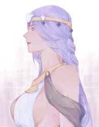 Rule 34 | 1girl, absurdres, alternate form, bare shoulders, braid, breasts, chinese commentary, circlet, collar, commentary request, dress, expressionless, final fantasy, final fantasy xiv, from side, green eyes, half updo, highres, llymlaen, long hair, looking down, metal collar, profile, purple hair, sideboob, simple background, single braid, sleeveless, sleeveless dress, solo, upper body, white background, white dress, wo dou gao shi&#039;er shennu