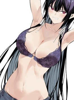 1girl armpits arms_up bare_shoulders black_hair blush bra breasts cleavage hair_ornament haite_kudasai_takamine-san hiiragi_yuuichi large_breasts long_hair looking_at_viewer navel original parted_lips purple_bra red_eyes simple_background solo stomach takamine_takane underwear white_background
