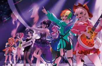 6+girls :d absurdres aerial_fireworks ahoge ankle_boots applejack applejack_(equestria_girls) arm_up backlighting bare_legs bare_shoulders bass_guitar black_boots black_dress black_pantyhose black_shoes black_socks blonde_hair blue_eyes blue_hair blue_shirt blue_skirt blunt_bangs bodysuit boots breasts brown_hat camisole chinese_commentary cleavage_cutout clothing_cutout commentary cowboy_hat cropped_jacket cropped_shirt curly_hair cutie_mark double-parted_bangs dress drum drum_set drumsticks earpiece elbow_gloves electric_guitar english_commentary feet_out_of_frame fireworks fluttershy fluttershy_(equestria_girls) from_below from_side full_body gloves gold_tiara green_bodysuit green_eyes green_hair green_jacket guitar hair_between_eyes hair_bun hair_tie hat high_heel_boots high_heels high_ponytail highres holding holding_bass_guitar holding_drumsticks holding_guitar holding_instrument holding_microphone instrument jacket kewoshixiaodaia keyboard_(instrument) kneehighs knees_together_feet_apart long_hair long_sleeves looking_ahead low-tied_long_hair mane_six_(my_little_pony) medium_breasts microphone midriff mixed-language_commentary multicolored_hair multiple_girls music my_little_pony my_little_pony:_equestria_girls my_little_pony:_friendship_is_magic night night_sky official_alternate_costume open_mouth orange_hair outdoors outstretched_arm pantyhose petticoat pink_eyes pink_hair pink_jacket pink_skirt pinkie_pie pinkie_pie_(equestria_girls) plaid_clothes plaid_shirt plaid_skirt ponytail puffy_long_sleeves puffy_sleeves purple_eyes purple_hair purple_skirt rainbow_dash rainbow_dash_(equestria_girls) rainbow_hair rarity_(equestria_girls) rarity_(my_little_pony) red_camisole red_hair sci-twi shirt shoes short_hair side_slit singing single_bare_shoulder single_hair_bun skindentation skirt sky small_breasts smile socks stage stage_lights standing streaked_hair sunset_shimmer sunset_shimmer_(human) swept_bangs tambourine teeth twilight_sparkle two-tone_hair upper_teeth_only white_gloves