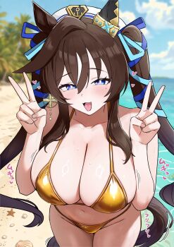 1girl :3 absurdres alternate_breast_size_(larger) animal_ears beach bikini black_tail blue_eyes blue_ribbon blue_sky blush breasts bright_pupils brown_hair cleavage collarbone commentary_request day double_v ear_covers ekkusuren gold_bikini hair_between_eyes hair_ribbon hat heart highres horse_ears horse_girl horse_tail huge_breasts leaning_forward long_hair looking_at_viewer mole mole_under_eye multicolored_hair navel open_mouth outdoors ribbon single_ear_cover single_hair_intake sky smile solo stomach streaked_hair sweat swimsuit tail thighs twintails umamusume v vivlos_(umamusume) white_hat white_streaks